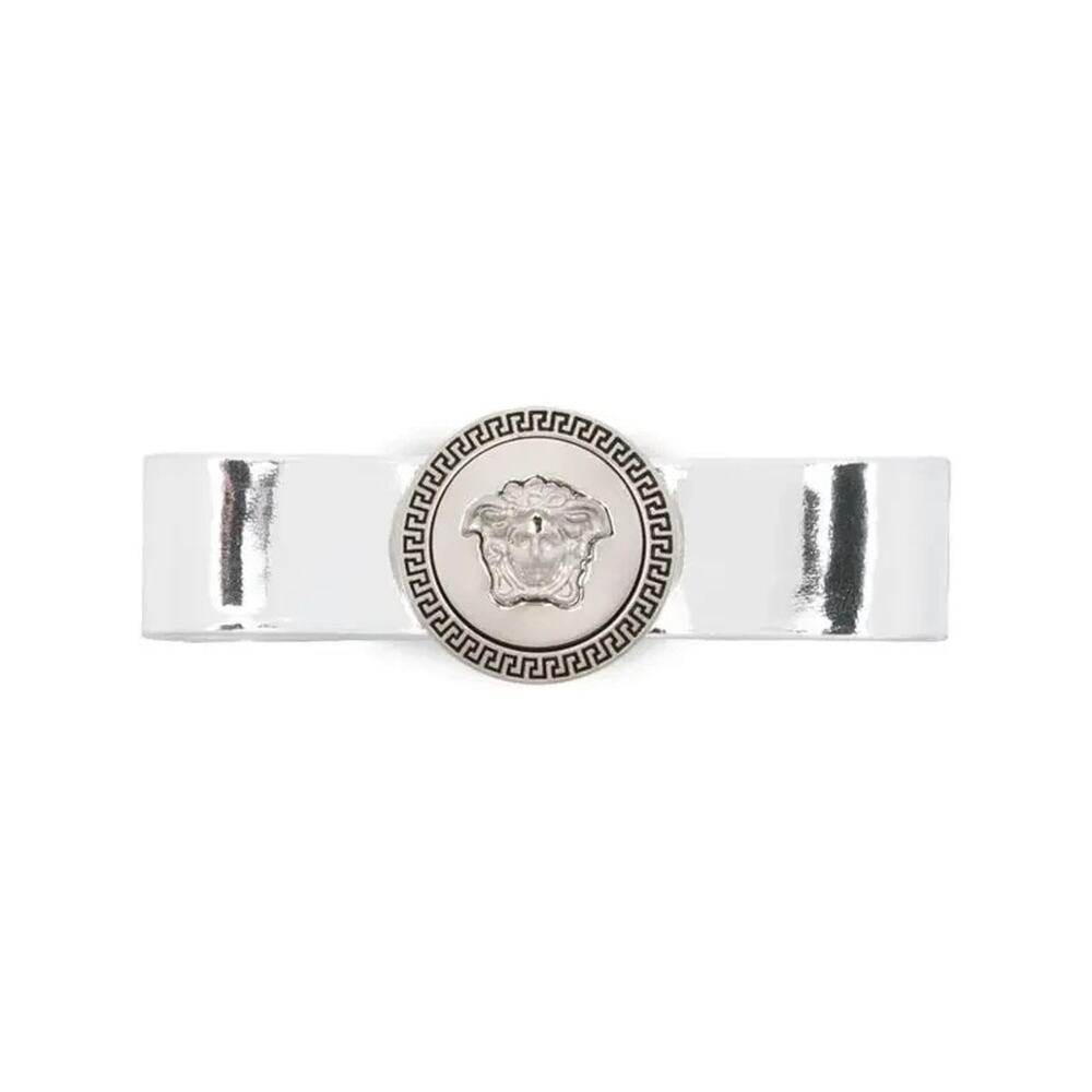 NWT Versace Silver Ribbon Medusa Greca Logo Bow Hair Clip $395